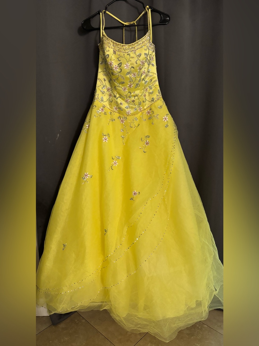 Precious Formals- beaded floral yellow halter ball gown  size 8